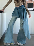 FOESCE 2025 Ropa Y2K Fashion Ribbon Washed Blue Slim Stacked Flare Jeans Pants For Women Designer Clothes Gothic Lady Denim Trousers