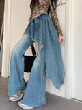 FOESCE 2025 Ropa Y2K Fashion Ribbon Washed Blue Slim Stacked Flare Jeans Pants For Women Designer Clothes Gothic Lady Denim Trousers