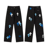 FOESCE 2024 Spring Summer Croce Heart Stickers Cross Legs Micro Flared High Craft Jeans Casual Scene Straight Leg Denim Pants