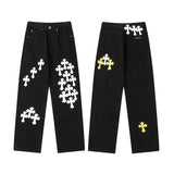 FOESCE 2024 Spring Summer Croce Heart Stickers Cross Legs Micro Flared High Craft Jeans Casual Scene Straight Leg Denim Pants