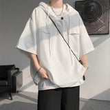 Foesce 2025 Summer Men Hooded Shirt Korean Half Sleeve Pullover Streetwear Hip Hop Loose Shirt Tops Drawstring Men Clothing M-5XL