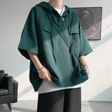 Foesce 2025 Summer Men Hooded Shirt Korean Half Sleeve Pullover Streetwear Hip Hop Loose Shirt Tops Drawstring Men Clothing M-5XL