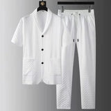 FOESCE 2025 Summer New Fashion Suit Men's Short Sleeve High end Quality Casual Set Korean Edition Casual Two Piece Set Ice Silk Cool