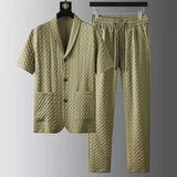 FOESCE 2025 Summer New Fashion Suit Men's Short Sleeve High end Quality Casual Set Korean Edition Casual Two Piece Set Ice Silk Cool