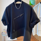 FOESCE 2025 Summer Personality Irregular Patchwork Drawstring Half Zipper Loose Casual Oversized Ruffian Handsome Short Sleeved T-shirt