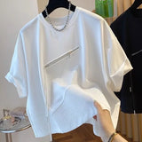 FOESCE 2025 Summer Personality Irregular Patchwork Drawstring Half Zipper Loose Casual Oversized Ruffian Handsome Short Sleeved T-shirt