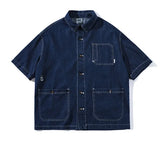 FOESCE 2025 summer new multi-pocket embroidered LOGO denim shirt casual tooling short-sleeved shirt for men  size  2XL