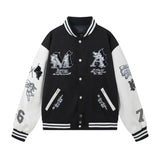 FOESCE 2024amirinew Men's Women's Loose-fit Baseball Jacket Cartoon Embroidery Pattern Autumn/winter Stylish Splice Leather Sleeve