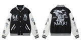 FOESCE 2024amirinew Men's Women's Loose-fit Baseball Jacket Cartoon Embroidery Pattern Autumn/winter Stylish Splice Leather Sleeve