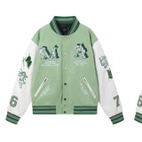 FOESCE 2024amirinew Men's Women's Loose-fit Baseball Jacket Cartoon Embroidery Pattern Autumn/winter Stylish Splice Leather Sleeve