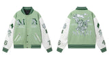 FOESCE 2024amirinew Men's Women's Loose-fit Baseball Jacket Cartoon Embroidery Pattern Autumn/winter Stylish Splice Leather Sleeve