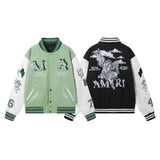 FOESCE 2024amirinew Men's Women's Loose-fit Baseball Jacket Cartoon Embroidery Pattern Autumn/winter Stylish Splice Leather Sleeve
