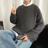 FOESCE 2025 Autumn Crew Neck Solid Color Pullover Sweaters For Men Casual Y2K Knitted Sweater High Street Fashion Jumpers Hombre