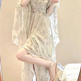 FOESCE 2025 New French Elegant Floral Midi Dress Woman Beach Casual Long Sleeve Even Party Dress Outwear One Piece Dress Korean Fashion
