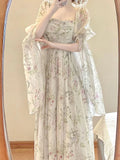 FOESCE 2025 New French Elegant Floral Midi Dress Woman Beach Casual Long Sleeve Even Party Dress Outwear One Piece Dress Korean Fashion