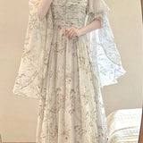 FOESCE 2025 New French Elegant Floral Midi Dress Woman Beach Casual Long Sleeve Even Party Dress Outwear One Piece Dress Korean Fashion