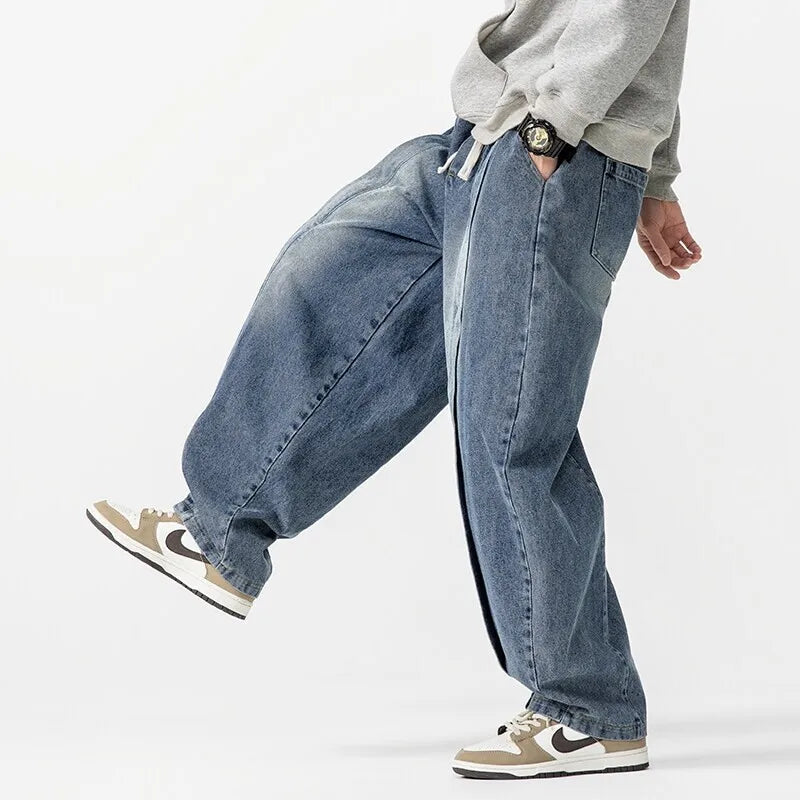FOESCE 2025 New Vintage Harem Pants Men Loose Hip Hop Denim Wide Leg Pants Mens Straight Oversized Fashion Jeans Elastic Waist Trousers