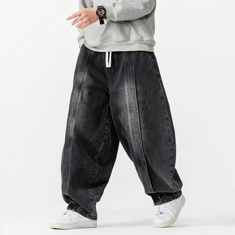 FOESCE 2025 New Vintage Harem Pants Men Loose Hip Hop Denim Wide Leg Pants Mens Straight Oversized Fashion Jeans Elastic Waist Trousers