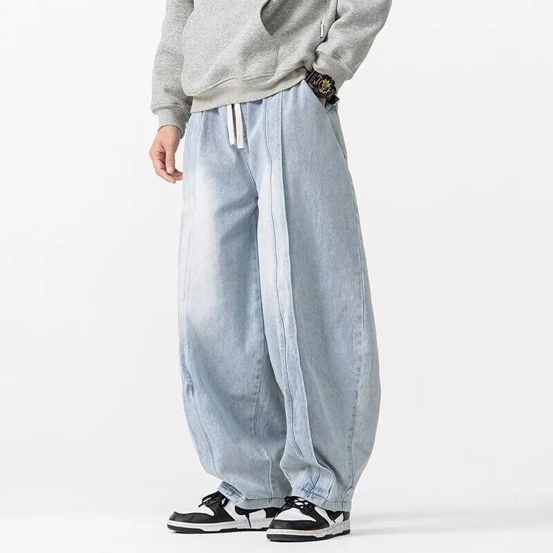 FOESCE 2025 New Vintage Harem Pants Men Loose Hip Hop Denim Wide Leg Pants Mens Straight Oversized Fashion Jeans Elastic Waist Trousers