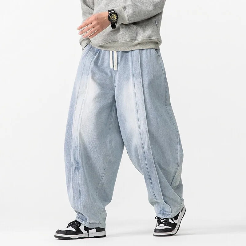 FOESCE 2025 New Vintage Harem Pants Men Loose Hip Hop Denim Wide Leg Pants Mens Straight Oversized Fashion Jeans Elastic Waist Trousers