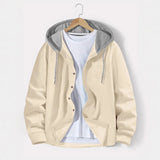 FOESCE 2025 Spring and autumn men waffle lattice color breasted hooded casual cardigan coat new fashion loose outdoor sports men's top