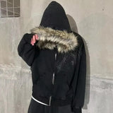 FOESCE 2025 Street fashion Winter new personality print design zipper hoodie for men Y2k Harajuku vintage fur collar warm loose jacket