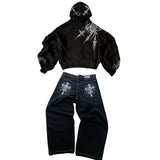 FOESCE 2025 Y2K Harajuku Jeans Hoodie Set Skull Straight Wide-leg Denim Pants Men Women American Street Hip Hop Retro Pants Casual Top