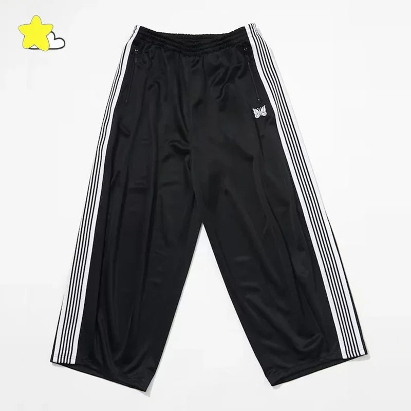 FOESCE 24ss Butterfly Embroidery Wide Leg Sweatpants Oversized Mens Joggers Blue Women Casual Striped Trousers With Tag