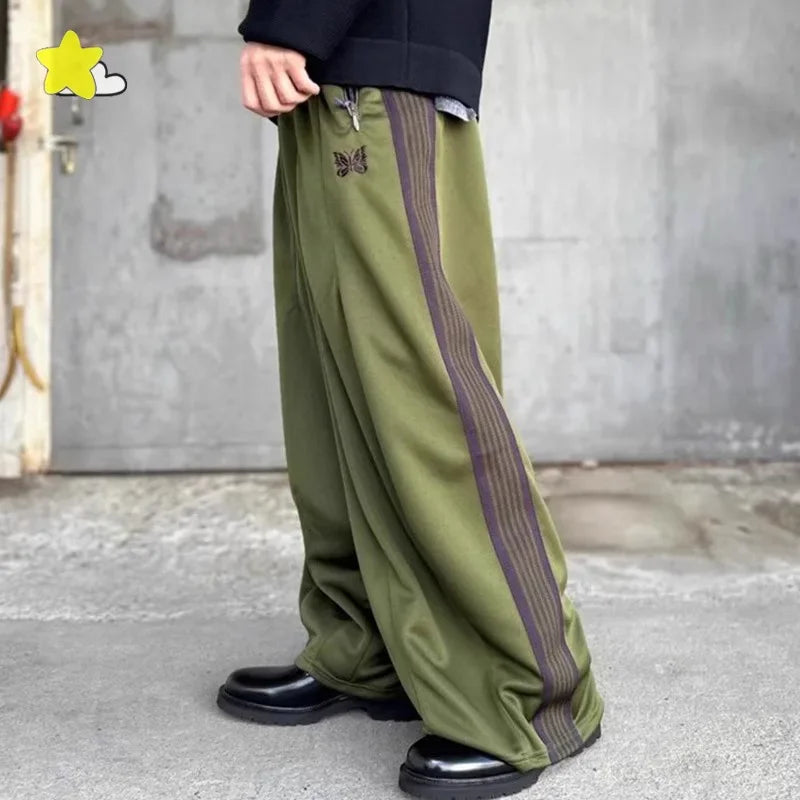 FOESCE 24ss Butterfly Embroidery Wide Leg Sweatpants Oversized Mens Joggers Blue Women Casual Striped Trousers With Tag