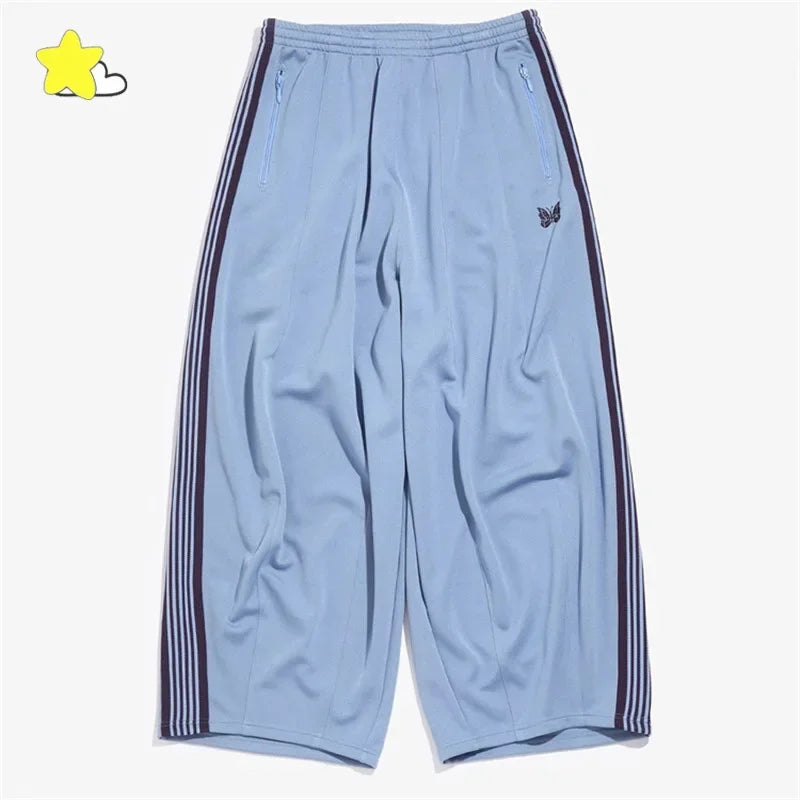 FOESCE 24ss Butterfly Embroidery Wide Leg Sweatpants Oversized Mens Joggers Blue Women Casual Striped Trousers With Tag