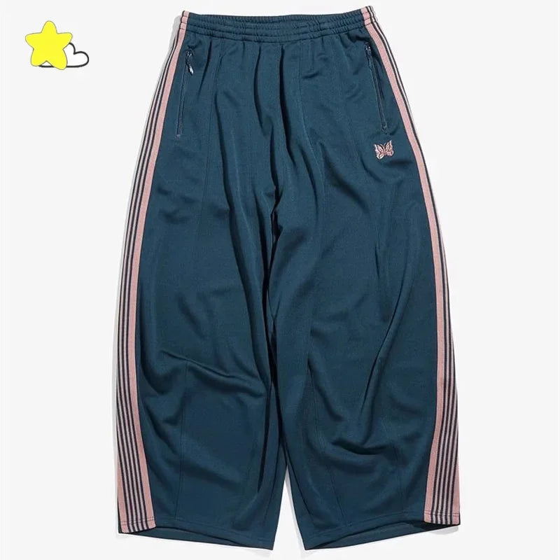 FOESCE 24ss Butterfly Embroidery Wide Leg Sweatpants Oversized Mens Joggers Blue Women Casual Striped Trousers With Tag
