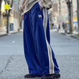 FOESCE 24ss Butterfly Embroidery Wide Leg Sweatpants Oversized Mens Joggers Blue Women Casual Striped Trousers With Tag