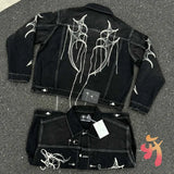 FOESCE 24ss Fashion Street Cleanfit Thug Club Jacket Metal Stars Moons Logo Embroidered Tassel Pocket Black Denim Coats Men Women