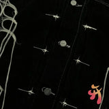 FOESCE 24ss Fashion Street Cleanfit Thug Club Jacket Metal Stars Moons Logo Embroidered Tassel Pocket Black Denim Coats Men Women