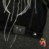 FOESCE 24ss Fashion Street Cleanfit Thug Club Jacket Metal Stars Moons Logo Embroidered Tassel Pocket Black Denim Coats Men Women