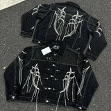 FOESCE 24ss Fashion Street Cleanfit Thug Club Jacket Metal Stars Moons Logo Embroidered Tassel Pocket Black Denim Coats Men Women