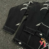 FOESCE 24ss Fashion Street Cleanfit Thug Club Jacket Metal Stars Moons Logo Embroidered Tassel Pocket Black Denim Coats Men Women