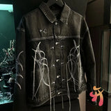 FOESCE 24ss Fashion Street Cleanfit Thug Club Jacket Metal Stars Moons Logo Embroidered Tassel Pocket Black Denim Coats Men Women