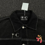 FOESCE 24ss Fashion Street Cleanfit Thug Club Jacket Metal Stars Moons Logo Embroidered Tassel Pocket Black Denim Coats Men Women