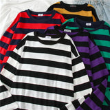 FOESCE 5 colors Women Cotton Purple Striped Tops Slim Fit t shirt Harajuku Tshirt Summer Long Sleeve Korean Feminina oversized t shirt