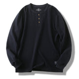 FOESCE 85% Cotton Henry Collar Waffle Pattern T Shirts for Men 2025 Spring Fashion Long Sleeve Solid Basic Tees Youth Male Casual Tops