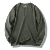 FOESCE 85% Cotton Henry Collar Waffle Pattern T Shirts for Men 2025 Spring Fashion Long Sleeve Solid Basic Tees Youth Male Casual Tops