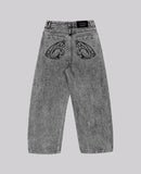 FOESCE 90s Retro Street Embroidery Jeans Male  R&B Solid Color Loose Straight Pants Female Y2K Harajuku Hip Hop  Punk Style  Men Jeans