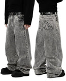 FOESCE 90s Retro Street Embroidery Jeans Male  R&B Solid Color Loose Straight Pants Female Y2K Harajuku Hip Hop  Punk Style  Men Jeans
