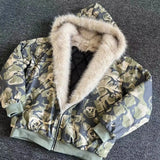 FOESCE American Camouflage Fur Collar Thickened Jacket Cotton Streetwear Retro Trend Men's Loose Hooded Coats Thickened Warm Jacket