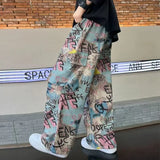 FOESCE American Fashion Brand Harajuku Camouflage Splicing Trousers Men Y2k Goth Letters Doodle High Waist Wash Oversized Jeans Women