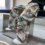 FOESCE American Fashion Brand Harajuku Camouflage Splicing Trousers Men Y2k Goth Letters Doodle High Waist Wash Oversized Jeans Women
