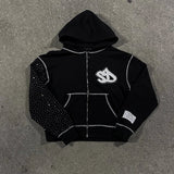 FOESCE American Fashion Embroidery Personality Flash Diamond Oversize Zipper Hoodie Men Y2K New Harajuku Gothic Casual Joker Sweatshirt