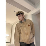 FOESCE American Gradient Denim Jacket Mens Trend Multi Pocket Lapel Color Blocking College Coats Zipper Loose Short High Street Outwear