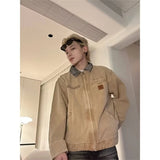 FOESCE American Gradient Denim Jacket Mens Trend Multi Pocket Lapel Color Blocking College Coats Zipper Loose Short High Street Outwear